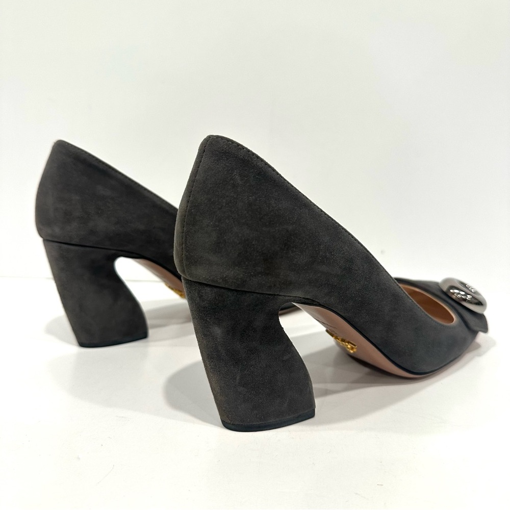 Prada Grey Suede Leather Round Square Closed Curved Block Heel Pumps EU 38 US 8 - Picture 6 of 13